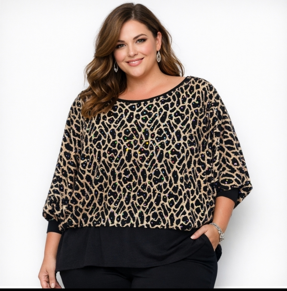 Womans Plus Blouse Black Gold Sequins Abstract Print Dolman Sleeve Top 18/20W